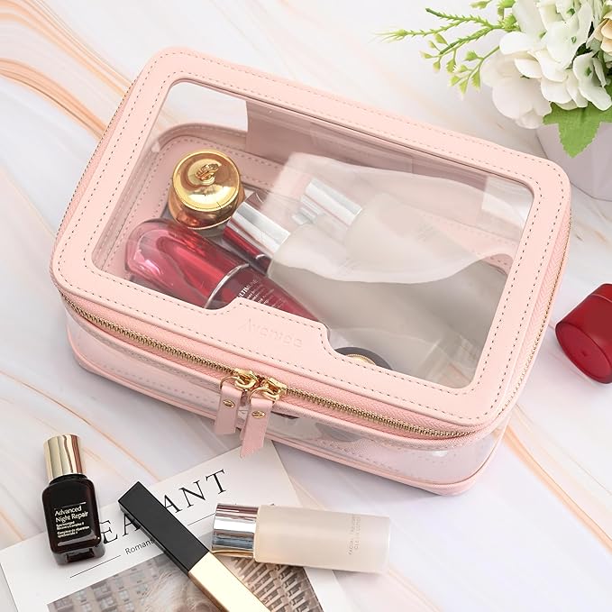 Aveniee Clear Makeup Bag, Travel Toiletry Bag for Women, Large Make up Case Cosmetic Bag with Dual Zipper, Transparent Car Organization Makeup Organizer Pouch for toiletries (Pink)