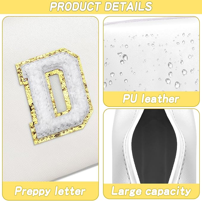Gifts for Girls Initial Makeup Bag Personalized Cosmetic Bag with Zipper Cute Travel Toiletry Bags Waterproof PU Preppy Makeup Pouch Birthday Gift for Teen Girls Women(White D)