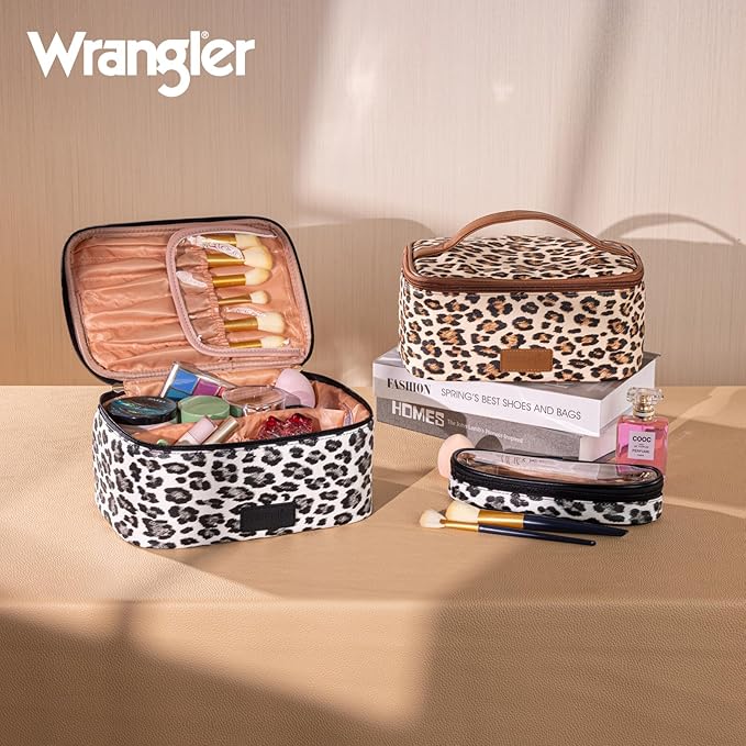 Montana West X Wrangler Travel Makeup Bag 2pcs Set Large Cosmetic Bag with Makeup Brush Holder Portable Make Up Organizer Cute Toiletry Bag with Divider and Handle for Women Leopard