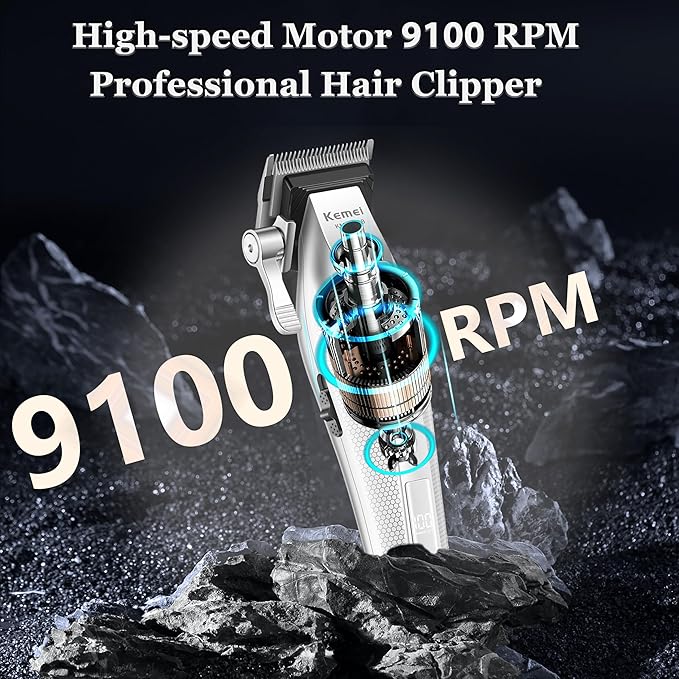 KEMEI 1798 Professional Hair Clippers for Men, 9100 RPM Cordless Barber Clippers with Full Metal Body, 3000 mAh Hair Trimmer with LED Display, Ceramic and DLC Blades