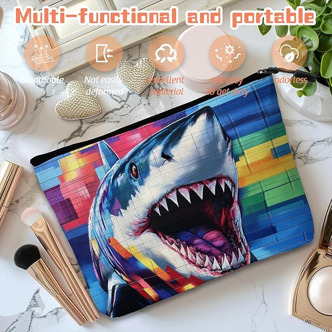 Cosmetic Bags Travel Makeup Toilet Case Waterproof Pouch for Women Girls 6.7X9.45inches - Graffiti - Style Shark Painting With Colorful Squares