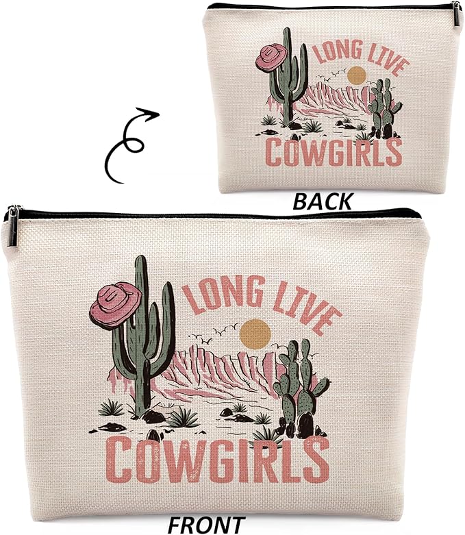 Long Live Cowgirls Cosmetic Bag, Pink Retro Western Cowgirl Hat Desert Cactus Makeup Bag Zipper Cosmetic Pouch Bag Travel Linen Makeup Organizer, Preppy Gifts for Teen Girls Women Cowgirls