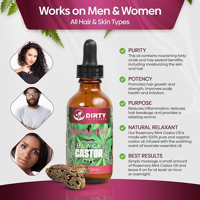 Dirty Treasures Rosemary Mint Castor Oil for Hair Growth and Scalp Treatment | Jamaican Black Castor Oil Hair Growth Oil (4 Ounce)