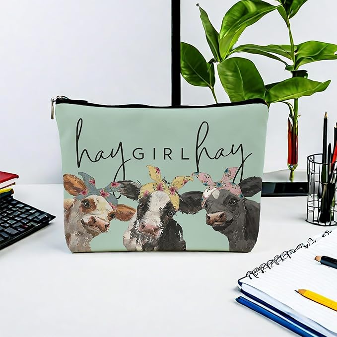 Cow Print Stuff,Cow Makeup Bag,Cow Gifts,Western Makeup Bag,Makeup Bags For Women,Cow Print(Green Pu Leather Cosmetic Bag)