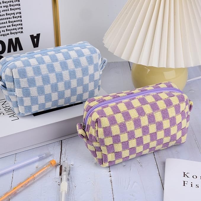 SOIDRAM 2 Pieces Makeup Bag Checkered Cosmetic Bag Purple Blue Makeup Pouch Travel Toiletry Bag Organizer Cute Makeup Brushes Storage Bag for Women