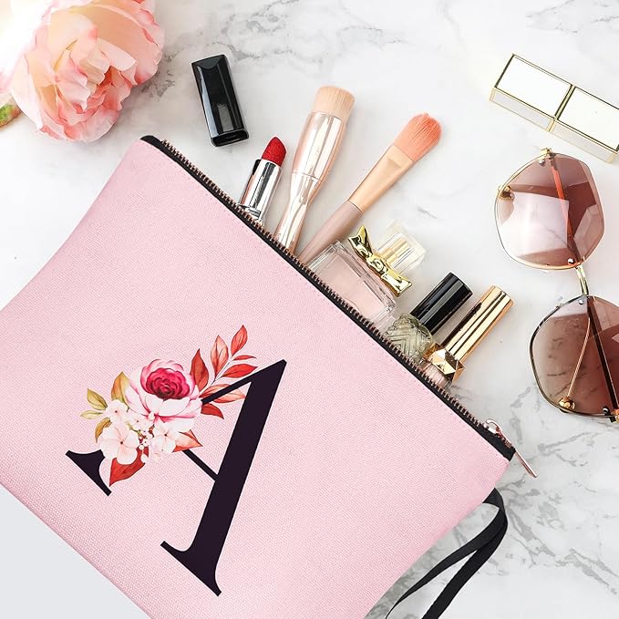 Vavabox A-Z Personalized Makeup Bag, Birthday Gifts for Women Mom, Gifts for Best Friend, Bride Bridesmaid Cosmetic bag (I, Pink)