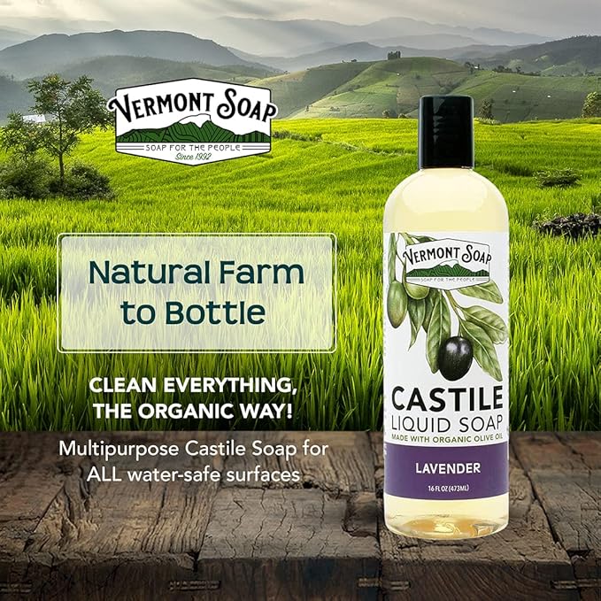 Vermont Castile Soap Lavender, Gentle Liquid Soap for Sensitive Skin & Natural Body Wash, Organic Hair Shampoo for Oily Hair, Aloe Castile for Men & Women - 16 Oz