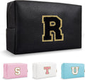 Small Travel Initial Preppy Makeup Bag, Personalized Black Cute Cosmetic Organizer Chenille Letter Toiltery Zipper Pouch for Purse, Waterproof Makeup Storage Gifts for Female Teacher Friend(Letter R)