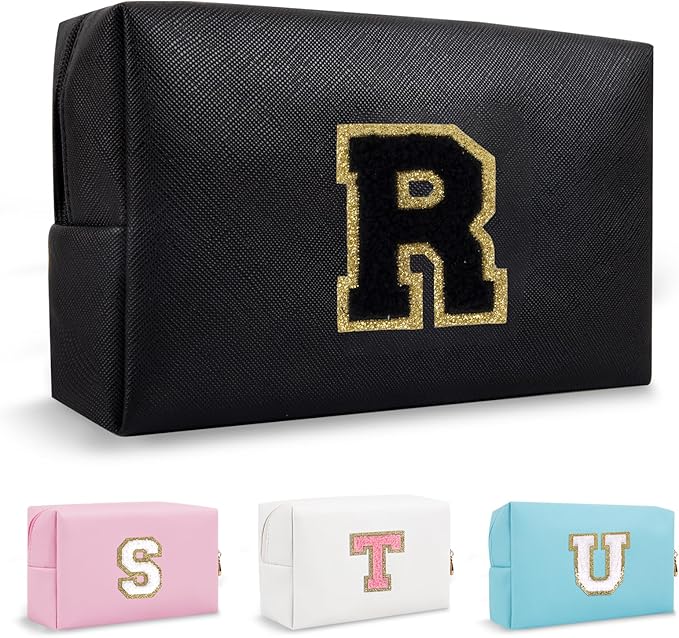 Small Travel Initial Preppy Makeup Bag, Personalized Black Cute Cosmetic Organizer Chenille Letter Toiltery Zipper Pouch for Purse, Waterproof Makeup Storage Gifts for Female Teacher Friend(Letter R)