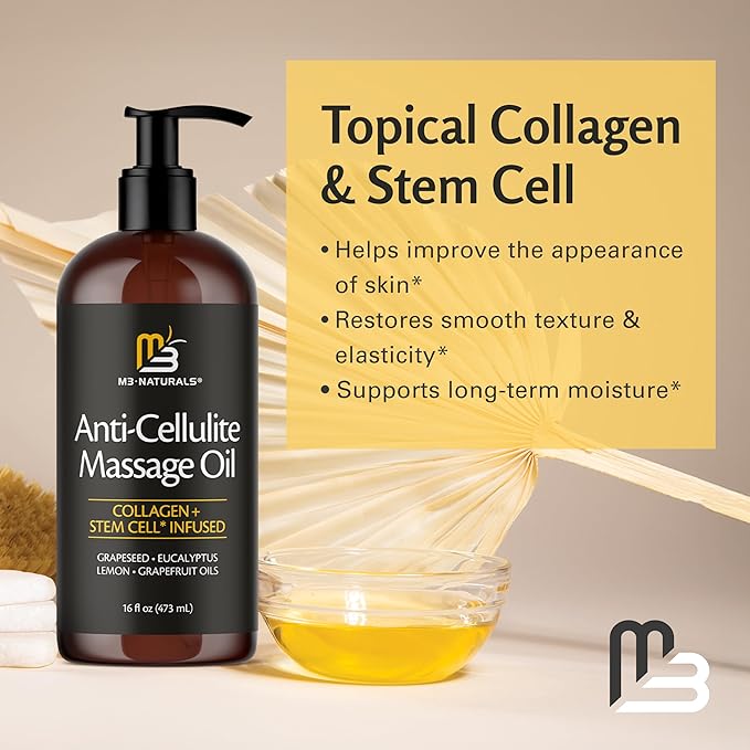 Firming Body Massage Oil with Collagen & Stem Cell – Helps Smooth The Appearance of Cellulite & Improve Skin Texture – Refreshing Aromatherapy Body Oil for Legs & Full Body – 16 Fl Oz