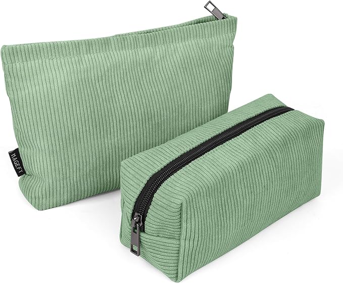 MAGEFY Makeup Bag 2 PCS Corduroy Make up Bag for Purse Travel Cosmetic Bag for Women Small Makeup Pouch Cute Makeup Brush Bag Preppy Stuff Travel Essentials - Green