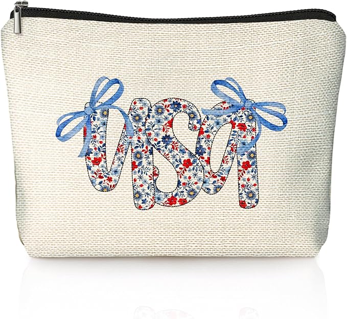 Retro Floral USA 4th of July Makeup Bag, America Patriotic Cosmetic Bags for Women, Red White and Blue Bow USA Toiletry Bag for Women, cosmetic bag, makeup case