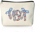 Retro Floral USA 4th of July Makeup Bag, America Patriotic Cosmetic Bags for Women, Red White and Blue Bow USA Toiletry Bag for Women, cosmetic bag, makeup case