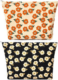 SOIDRAM 2 Pieces Flower Makeup Bag Large Corduroy Cosmetic Bag Capacity Canvas Travel Toiletry Bag Organizer Cute Makeup Brushes Aesthetic Accessories Storage Bag for Women, Flower L Orang Black