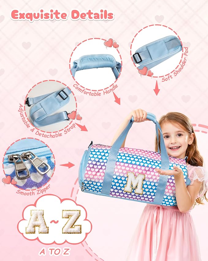 10 Year Old Girl Birthday Gifts, Girls Travel Duffel Bag, Kids Initial Overnight Bags with Shoe Compartment, Initial Duffle Bag with Makeup Pouch, Gift for Grandkids Teens (Letter E)