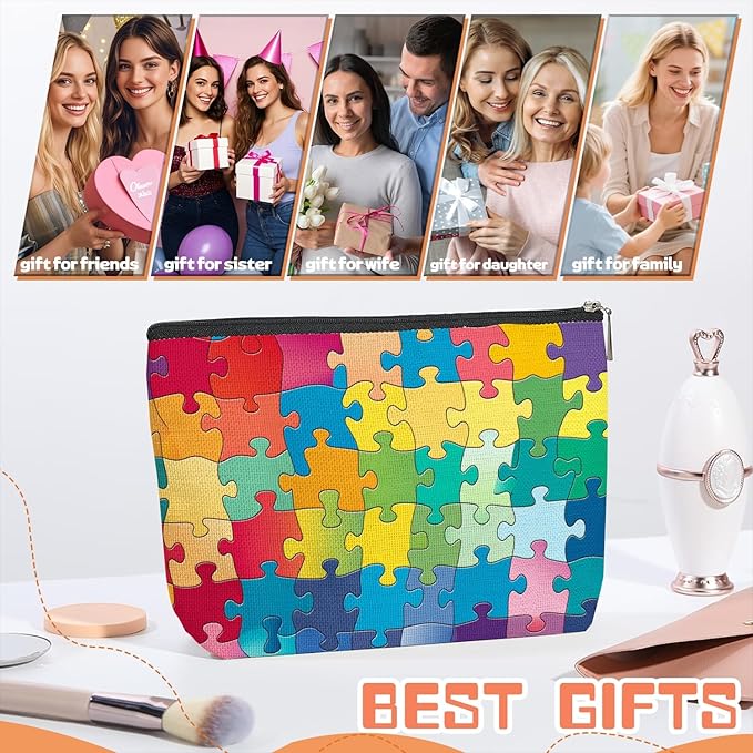 Makeup Bag Travel Cosmetic Bags Small Makeup Case Waterproof Zipper Pouch for Women Girls 7X9inches - Colorful Puzzle Pieces Pattern