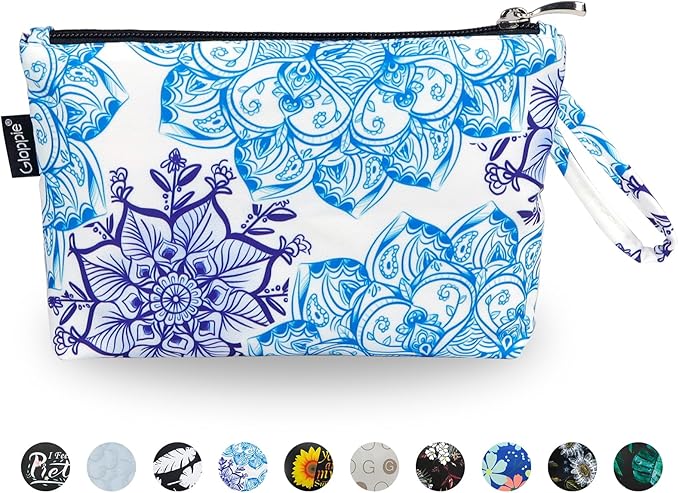 Gloppie Cosmetic Bag Small Makeup Bag Summer Sunscreen Bag Waterproof Lipstick Bag Travel Purse Essentials White Blue Flower
