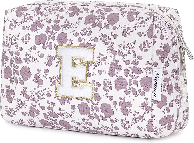 Narwey Birthday Gifts for Teen Girls Kids Women Personalized Initial Floral Makeup Bag Cute Cosmetic Trendy Stuff 6 8 10 11 12 13 14 16 18 Years Old Travel Toiletry Bag (Little Dusty Pink Flower E)