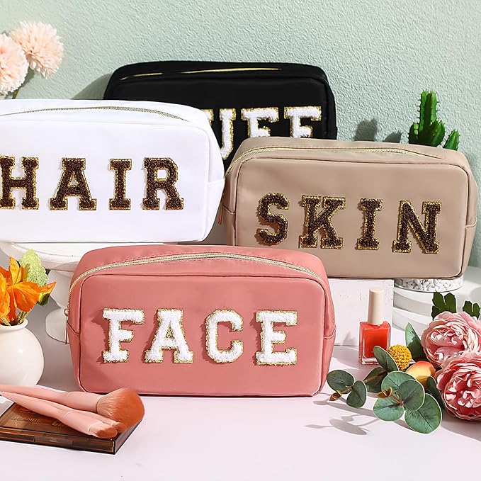 Remerry 4 PCS Nylon Cosmetic Bags Waterproof Spacious Travel Makeup Organizer for Women Chenille Letter Preppy Zipper Pouch Face Stuff Skin Hair Organizer Gift(Black, Nude Pink, White, Coffee)