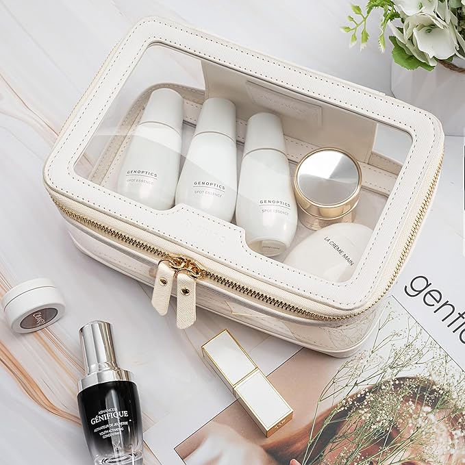 Aveniee Clear Makeup Bag, Large Transparent Cosmetic Pouch with Dual Zippers, Travel Toiletry Case Car Organization for Women Enssantials (Off-White)