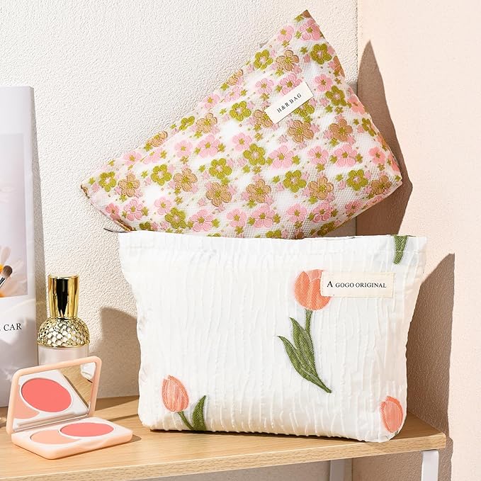 SOIDRAM 2 Pieces Flower Makeup Bag Large Floral Cosmetic Bag Capacity Canvas Travel Toiletry Bag Organizer Cute Makeup Brushes Aesthetic Accessories Storage Bag for Women, Embossed flower L White Pink