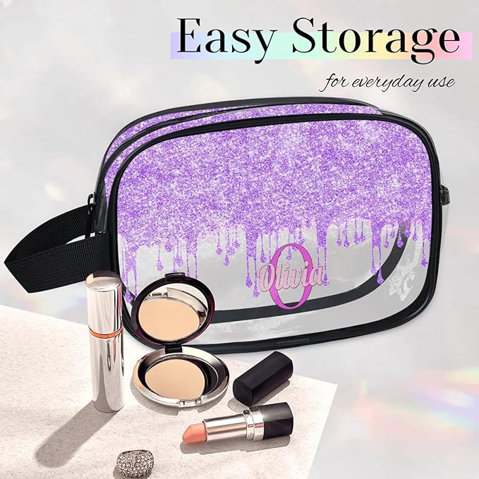Personalized Travel Cosmetic Bag Waterproof Makeup Bags, Custom Name Clear PVC Organizer Case Toiletries Container Bag, Romantic Purple Curtain Glittering