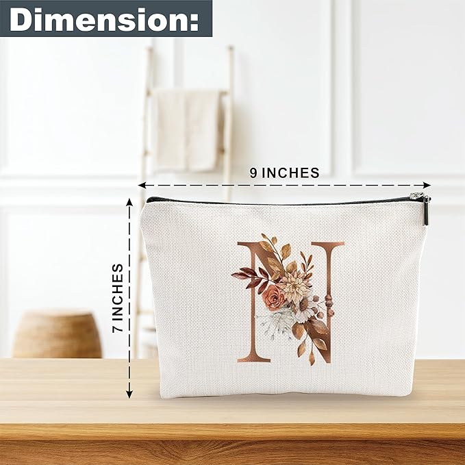 A-Z Boho Personalized Cosmetic Bag-Floral Cotton Letter Makeup Bag With Zipper-Artistic Cosmetic Bag For Travel-Bride,Birthday Gift For Women Daughter Friends-Women Makeup Organizer-A14