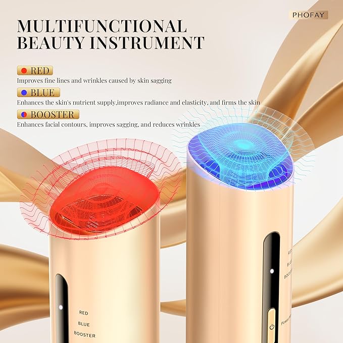 PHOFAY 4-in-1 Facial Device, 1.4oz Matching Gel. Multi Functional Beauty Device, Lifting, Firming, Puffiness Reduction and Promote Absorption & Soothing Care Calm Skin, Youthful Glow (Golden)