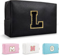Personalized Initial Preppy Travel Makeup Bag Organizer, Small Black Cute Cosmetic Bag Toiletry Zipper Pouch for Purse, Portable Waterproof PU Make Up Case Birthday Gift for Her Mom Teacher(Letter L)