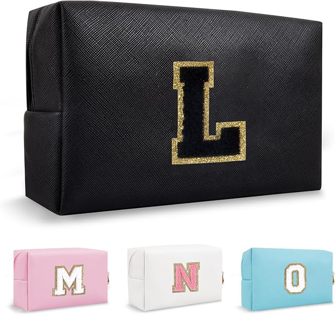 Personalized Initial Preppy Travel Makeup Bag Organizer, Small Black Cute Cosmetic Bag Toiletry Zipper Pouch for Purse, Portable Waterproof PU Make Up Case Birthday Gift for Her Mom Teacher(Letter L)