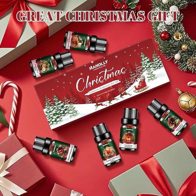 Christmas Fragrance Oil Set, 6 Premium Christmas Essential Oils for Diffuser, Candle Making - Caramel Pumpkin Swirl, Apple Cinnamon, Merry Berry Christmas, Christmas Fireplace Scented Oil Gift Set