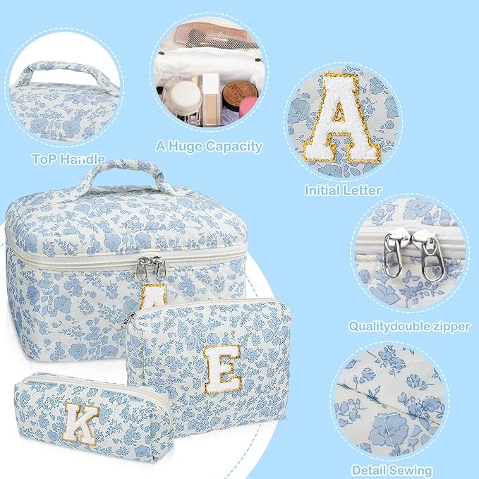 Initial Makeup Bag Set, Personalized Quilted Makeup Bag, Large Floral Cosmetic Bag for Women, Cute Cotton Custom Make up Bags, Flower Travel Toiletry Bag Teen Girl Gift Blue Flower S