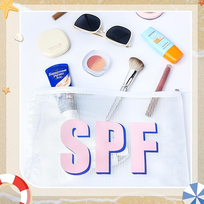 SOIDRAM 2PCS SPF Makeup Bag Clear Zippered SPF Bag Cosmetic Pouch Waterproof Travel Toiletry Organizer for Women Varsity Letter Patch Beach Pool Essentials