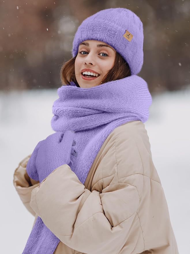 Winter Beanie Hat Scarf Gloves, Warm Fleece Knit Hat Long Scarf Neck Warmer Touch Screen Winter Gloves Set Gifts for Women