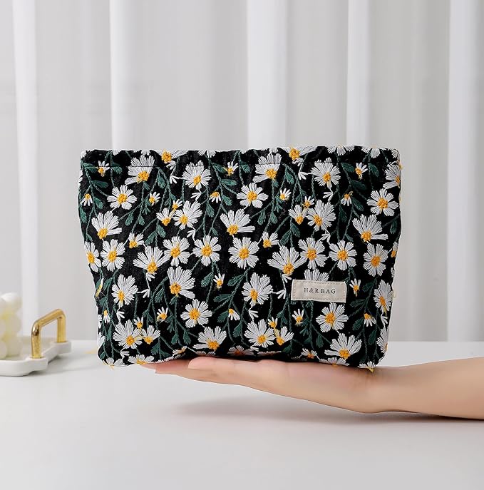 2 Pcs Makeup Bags, Large Cosmetic Bag Travel Toiletry Bag Organizer for Women, Embroidery Craft, Floral Makeup Bag Small Cosmetic Pouch Purse with Zipper Gifts for Girls Teen