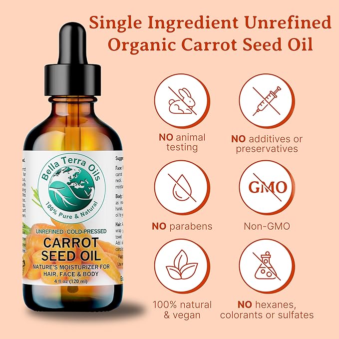 Bella Terra Oils - Organic Carrot Seed Oil 2 oz - Cold-Pressed Elixir, Abundant in Vitamin A & E, Beta-Carotene Richness, Ideal for Nourished Skin Radiance