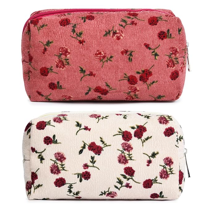 SOIDRAM 2 Pieces Makeup Bag Floral Cosmetic Bag Purple Blue Makeup Pouch Travel Toiletry Bag Organizer Cute Makeup Brushes Storage Bag for Women, White&Pink Rose
