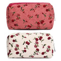 SOIDRAM 2 Pieces Makeup Bag Floral Cosmetic Bag Purple Blue Makeup Pouch Travel Toiletry Bag Organizer Cute Makeup Brushes Storage Bag for Women, White&Pink Rose