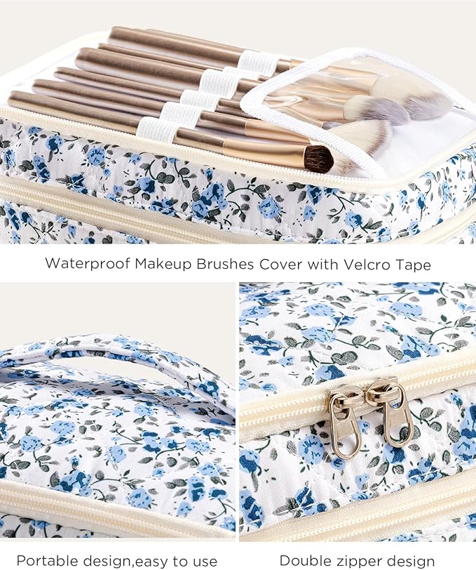 HBselect 2Pcs Travel Makeup Bag, Large Cotton Quilted Makeup Bag Cosmetic Bag Cute Make up Bag Toiletry Bags for Women Girls