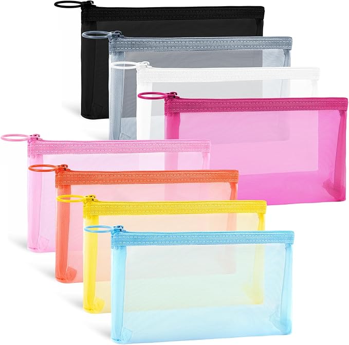 8 Pack Mini Zipper Mesh Makeup Bags, Nylon Cosmetic Bags Toiletry Purse Travel Organizer Bags Inside Bag for Office Travel Organization (Widened-Multicolor, M)
