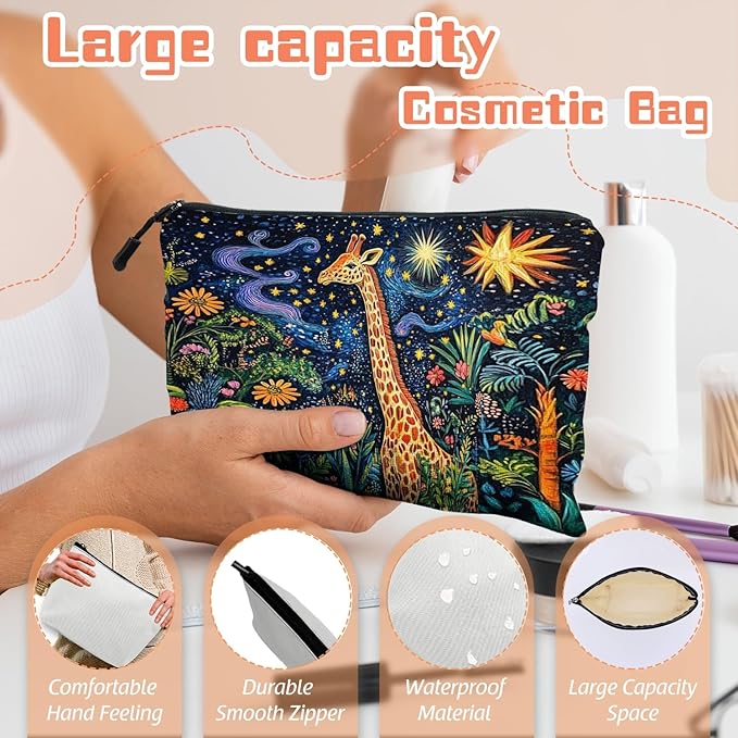 Cosmetic Bags Travel Makeup Toilet Case Waterproof Pouch for Women Girls 6.7X9.45inches - Giraffe in A Starry Jungle in A Colorful Illustration