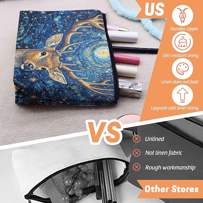 Cosmetic Bags Travel Makeup Toilet Case Waterproof Pouch for Women Girls 6.7X9.45inches - Deer With Large Antlers in A Starry - Floral Scene