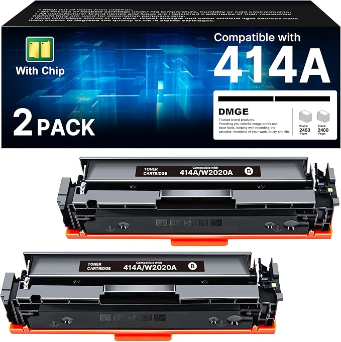 414A Black Toner Cartridge (with Chip) - Comaptible Replacement for HP 414A Black Toner Cartridge, Works with HP Color Laserjet Pro MFP M479fdw M454dw M454dn M455dn M479fdn Printer | W2020A (2 Pack)