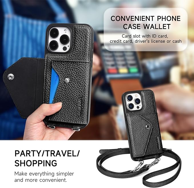 LUCKYCOIN Crossbody Wallet Phone Case for iPhone 15 Pro Max,100% Genuine Leather Wallet Phone Case with Expandable Flip Card Holder,Phone Purse for Women with Adjustable Removable Strap - Pebble Black
