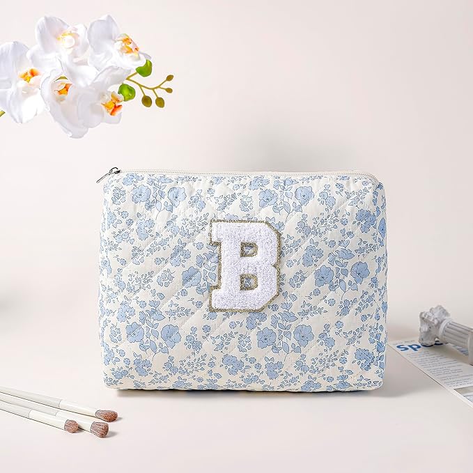 JOVAKIT Alphabet Makeup Bag Cosmetic Bag for Women, Christmas Gifts for Girls Age 6-18, Floral Flowers Coquette Travel Toiletry Zipper Make Up Pouch Organizer Trendy Stuff (2Pcs Blue Floral B)