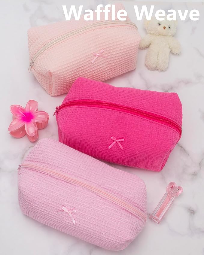 PAZIMIIK 2PCS Cozy Makeup Bag Travel Cosmetic Bag for Women Soft Toiletry Bag Aesthetic Makeup Organizer Portable Large Zipper Pouch for Skincare Beauty Accessories Brushes Waffle Hotpink