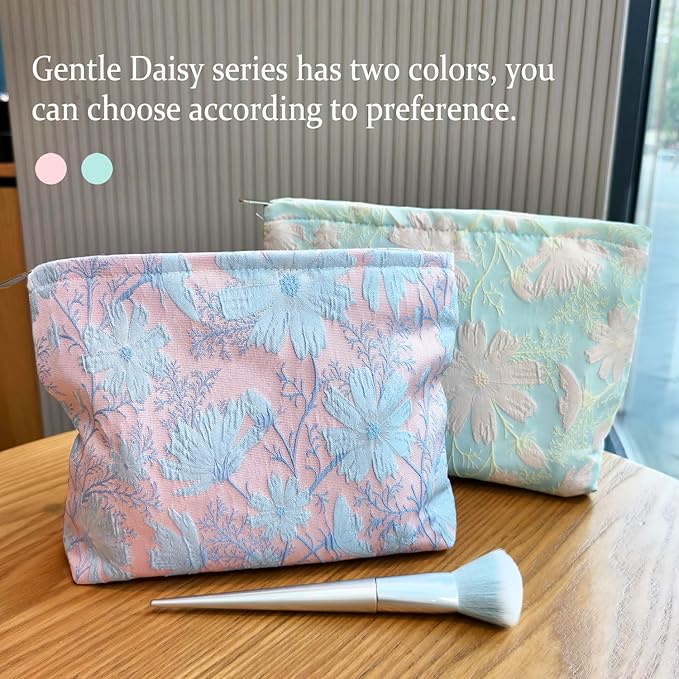 STARDW Aesthetic Floral Makeup Bag Cute Small Cosmetic Bags for Women Girls, Travel Toiletry Bag Large Capacity Zipper Makeup Pouch, Purse Organizer Pouches (Gentle Blue Pink)