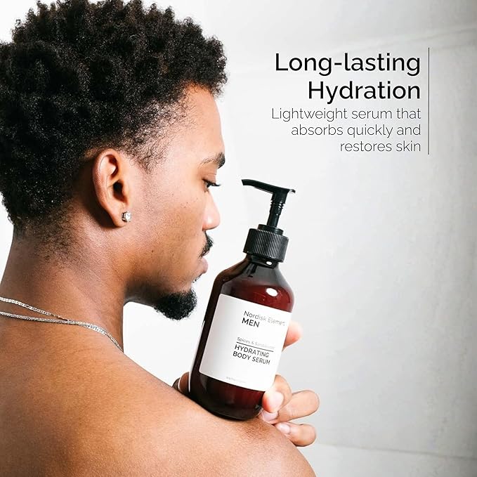 Nordisk Element Men Body Serum with Antioxidants & Nordic Botanicals | Deep Hydration & Skin Barrier Repair | Hyaluronic Acid Body Serum | Paraben & Phthalate Free | Spices & Sandalwood 9.13 Fl Oz