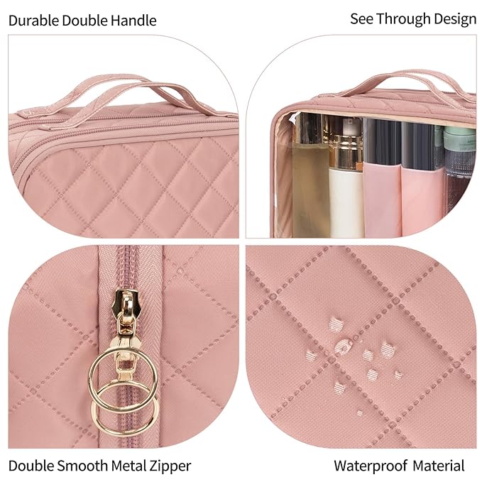 OCHEAL Clear Makeup Bag, Double Layer Cosmetic Bag, Large Capacity Minimalist Cosmetic Case for Women Travel Beauty Essentials, Multiple Compartments Makeup Case Organizer Zipper Pouch -Nude Pink