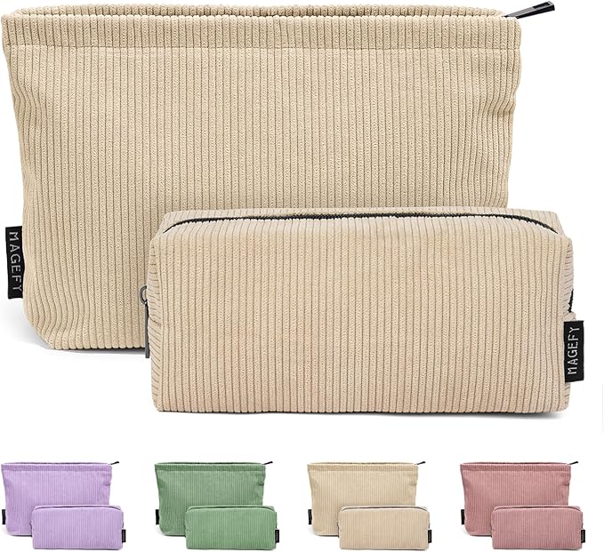 MAGEFY Small Makeup Bag, 2 PCS Corduroy Make up Bag for Purse Large Capacity Travel Cosmetic Bag for Women Zipper Makeup Pouch for Travelling Preppy Stuff - Beige
